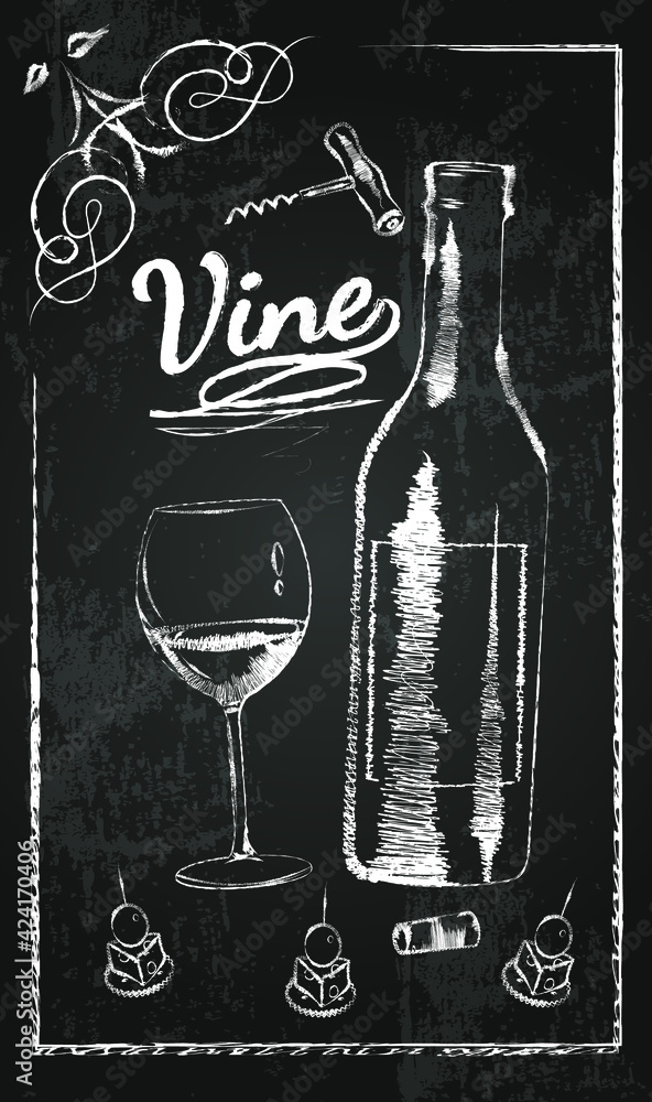 A bottle of wine with a glass chalk on a black background. Vector poster, banner.