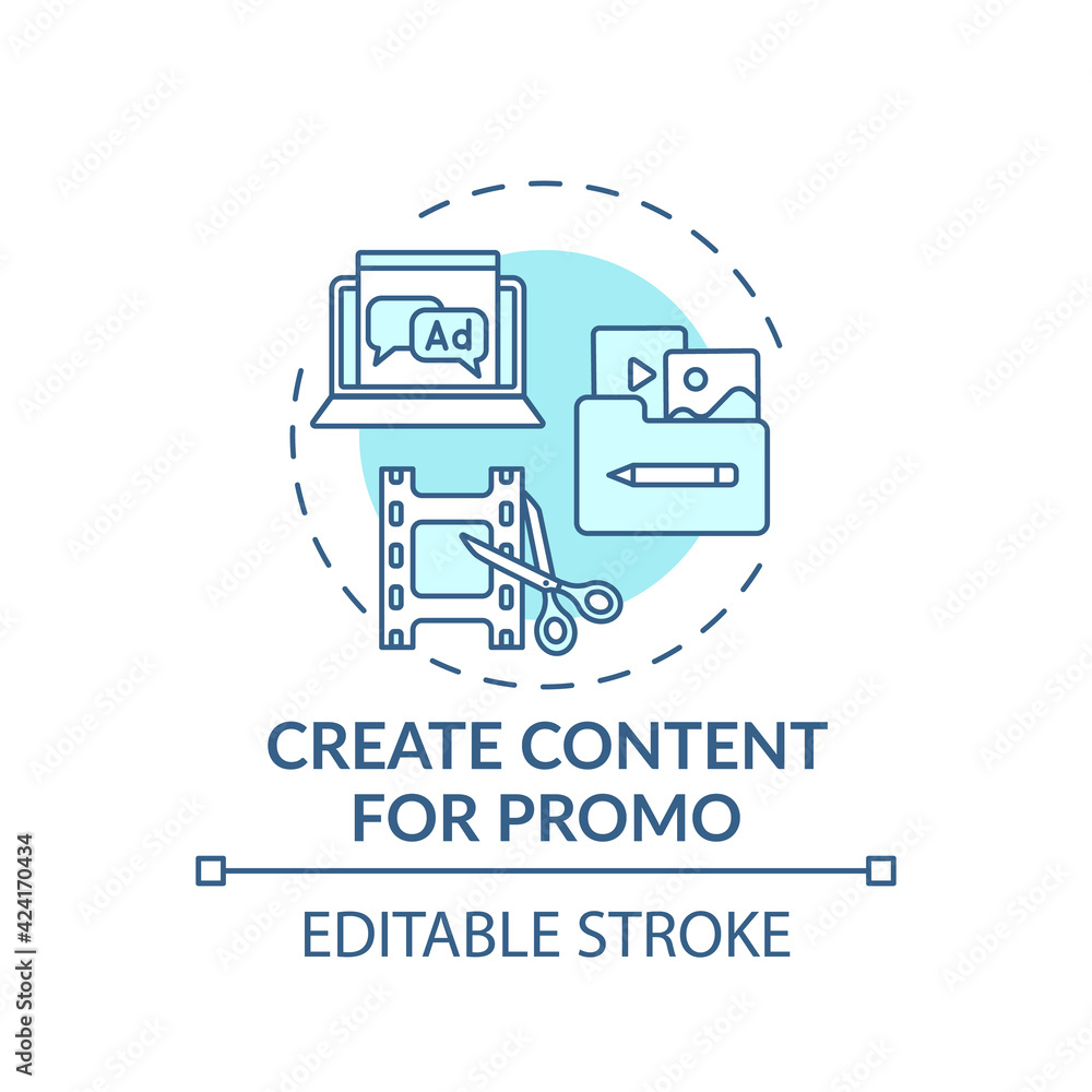 Creating content for promo concept icon. Online event marketing tip idea thin line illustration. Products, services marketing. Advertising. Vector isolated outline RGB color drawing. Editable stroke Creating content for promo concept icon. Online event marketing tip idea thin line illustration. Products, services marketing. Advertising. Vector isolated outline RGB color drawing. Editable stroke