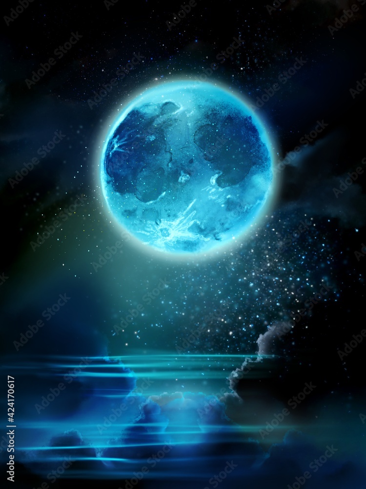 Illustration of blue full moon in the starry night space Illustration of blue full moon in the starry night space