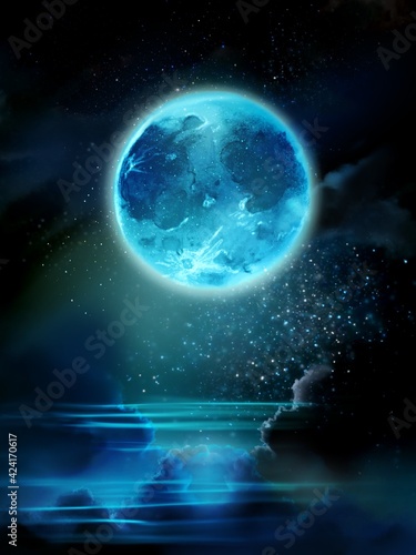 Illustration of blue full moon in the starry night space