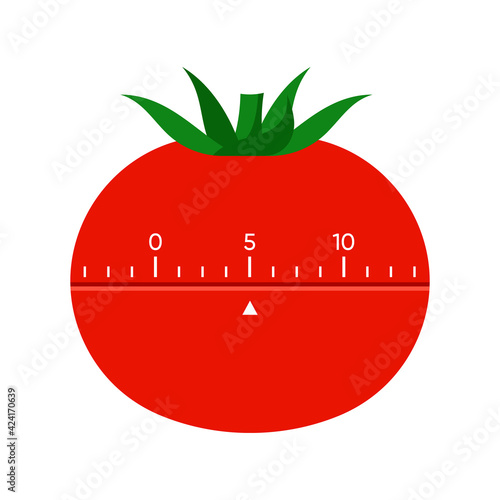 Timer Pomodoro. Pomodoro Time Management - kitchen timer. Mechanical clock timer for working, concentration, studying. Modern flat vector illustration. Isolated on white background.