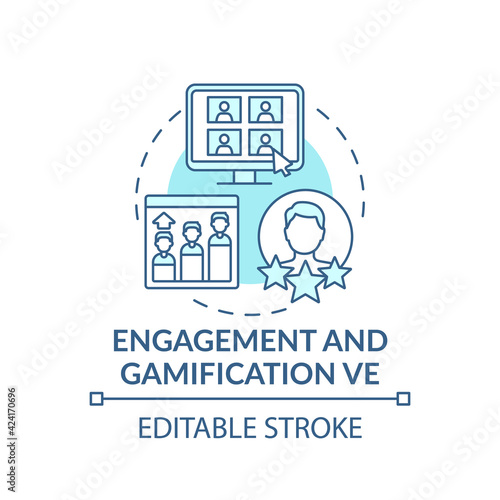 Engagement and gamification VE concept icon. Virtual events type idea thin line illustration. Engaging games creation. Working in teams. Vector isolated outline RGB color drawing. Editable stroke