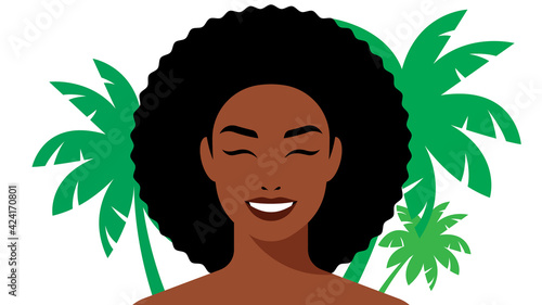 Portrait of beautiful woman on the background of palm trees. The young beauty smiles. The concept of recreation, beach, tanning, vacation. Modern vector illustration.