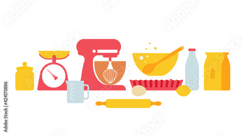 Kitchen tools, kitchenware - cups, bowls, rolling pin, scales, jar, mixer and others. Set of products for baking - flour, milk, eggs, dough. Modern illustration pastel colors.