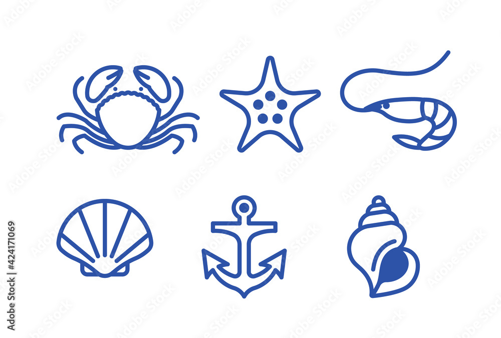 Set of sea icons - crab, shrimp, starfish, scallop, shell, anchor. Outline icons on white background. Set of sea icons - crab, shrimp, starfish, scallop, shell, anchor. Outline icons on white background.