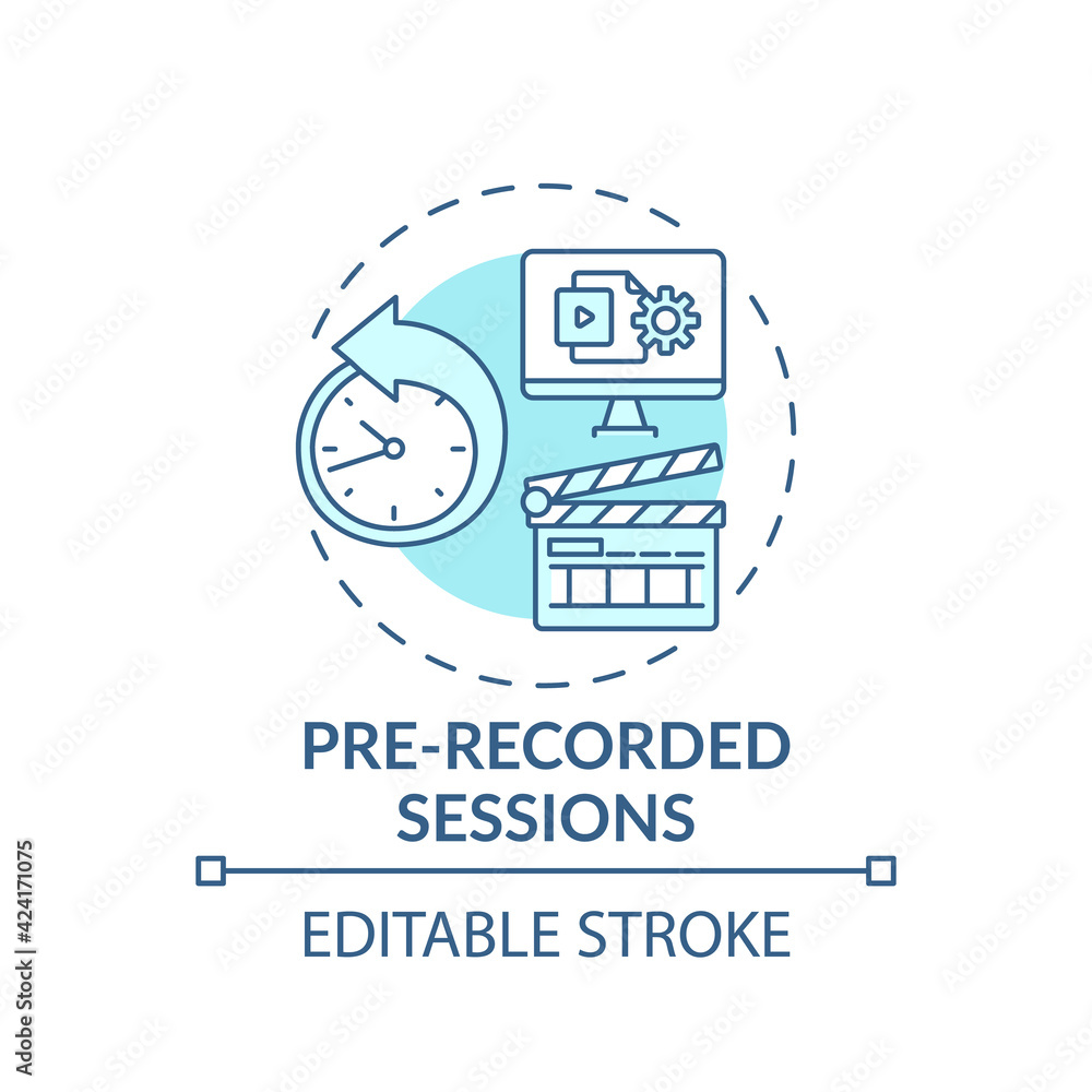 Pre-recorded sessions concept icon. Virtual event content idea thin line illustration. Simulated live format. Achieving quality content. Vector isolated outline RGB color drawing. Editable stroke Pre-recorded sessions concept icon. Virtual event content idea thin line illustration. Simulated live format. Achieving quality content. Vector isolated outline RGB color drawing. Editable stroke