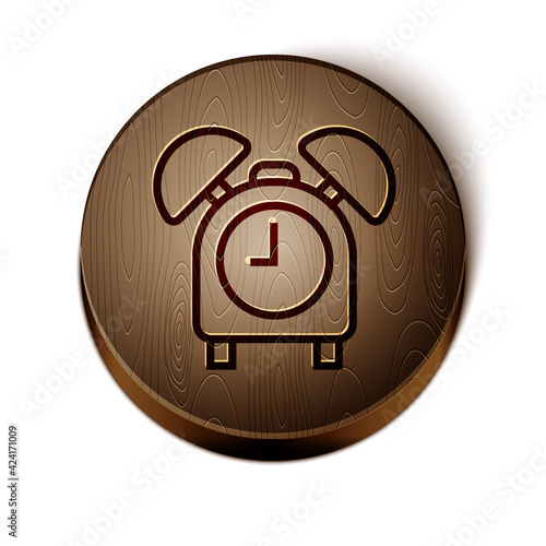 Brown line Alarm clock icon isolated on white background. Wake up, get up concept. Time sign. Wooden circle button. Vector