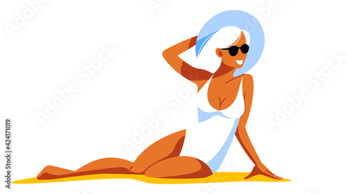Pretty woman on the beach - Bright girl in swimsuit, holding hat with hand, smiling. Concept of beach, resort, recreation and summer time. One piece swimsuit, sunglasses, straw hat, long hair, blonde.
