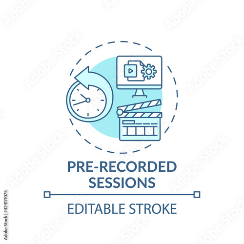 Pre-recorded sessions concept icon. Virtual event content idea thin line illustration. Simulated live format. Achieving quality content. Vector isolated outline RGB color drawing. Editable stroke