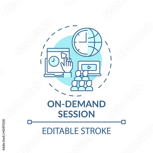 On-demand session concept icon. VE content idea thin line illustration. Webcasting platforms. Access to conferences recordings anytime. Vector isolated outline RGB color drawing. Editable stroke