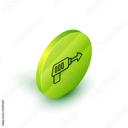 Isometric line Fishing harpoon icon isolated on white background. Fishery manufacturers for catching fish under water. Diving underwater equipment. Green circle button. Vector