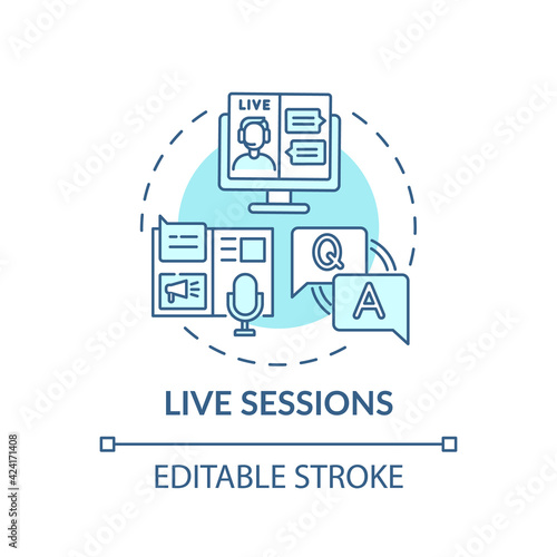 Live sessions concept icon. Virtual event content idea thin line illustration. Creating positive attendee experiences. Live stream session. Vector isolated outline RGB color drawing. Editable stroke