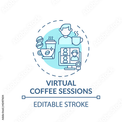 Virtual coffee sessions concept icon. Virtual events success tip idea thin line illustration. Boosting productivity. Remote coffee chats. Vector isolated outline RGB color drawing. Editable stroke