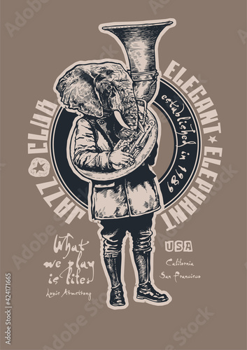 Retro design Jazz Club Elegant Elephant for poster or t-shirt print with elephant trumpeter and fonts. vector illustration. 