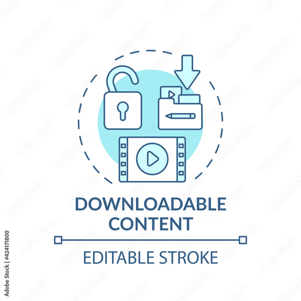 Downloadable content concept icon. VE success idea thin line illustration. Providing additional information. Text files, multimedia objects. Vector isolated outline RGB color drawing. Editable stroke