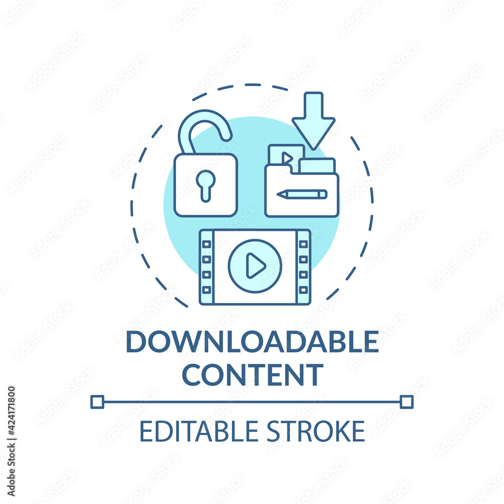 Downloadable content concept icon. VE success idea thin line illustration. Providing additional information. Text files, multimedia objects. Vector isolated outline RGB color drawing. Editable stroke Downloadable content concept icon. VE success idea thin line illustration. Providing additional information. Text files, multimedia objects. Vector isolated outline RGB color drawing. Editable stroke