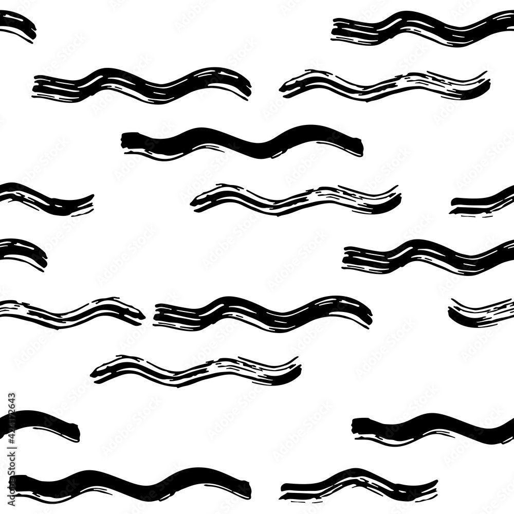 Hand drawn vector seamless pattern with ink waves. Trendy wavy background in black and white. Contemporary vector background for prints, textile, wrapping paper. Brush strokes pattern