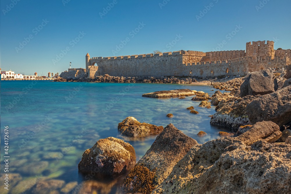 Mandraki Harbour and the fortifications of the Old Town of Rhodes