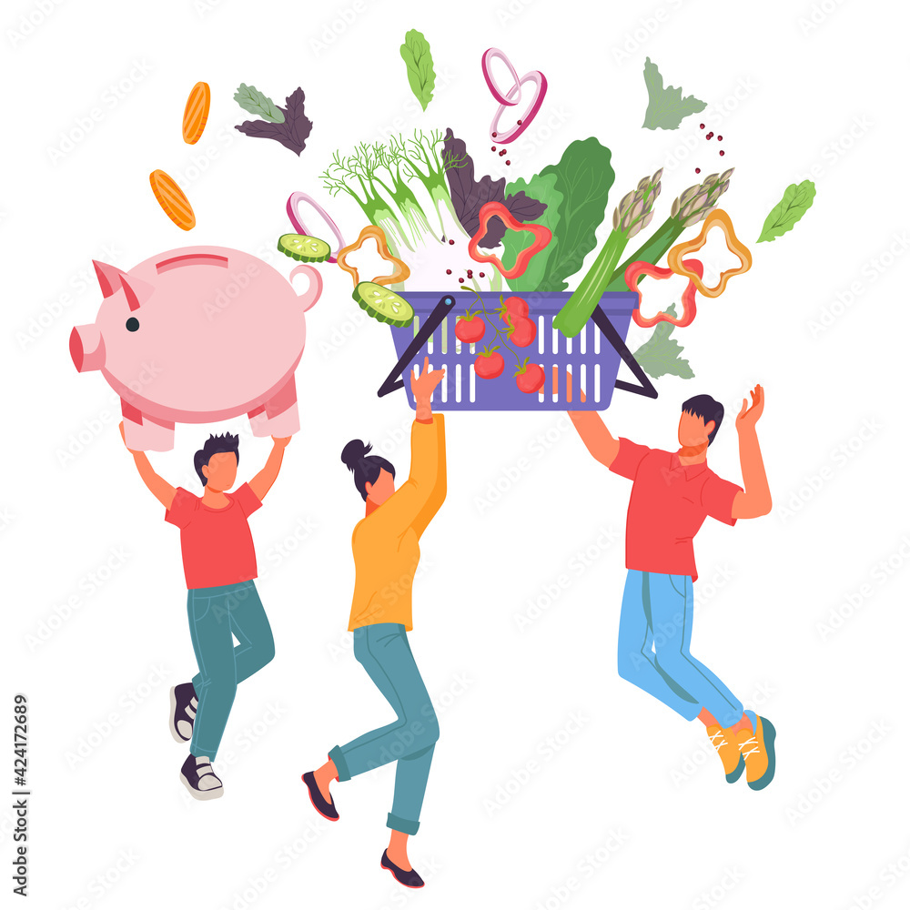 Fototapeta premium Food delivery and shopping concept with happy family buying food, flat vector illustration isolated on white background. Online grocery store with family happy with profitable purchase.