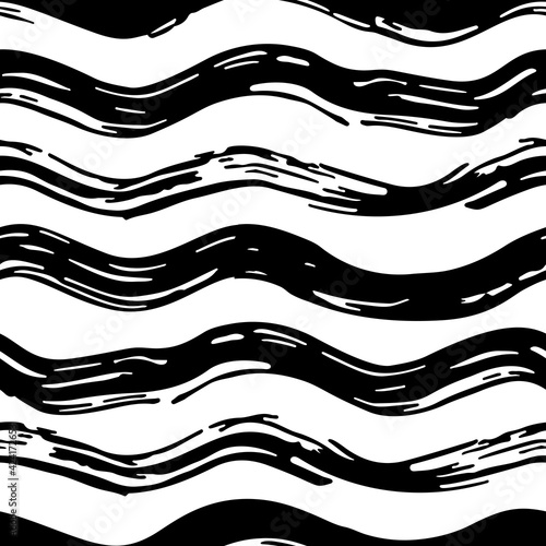 Hand drawn vector seamless pattern with ink waves. Trendy wavy background in black and white. Contemporary vector background for prints, textile, wrapping paper. Brush strokes pattern