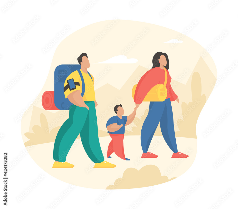 Happy family hiking nature together. Cartoon characters father mother and son travelling on foot outdoor. Active healthy sports lifestyle. Flat vector illustration