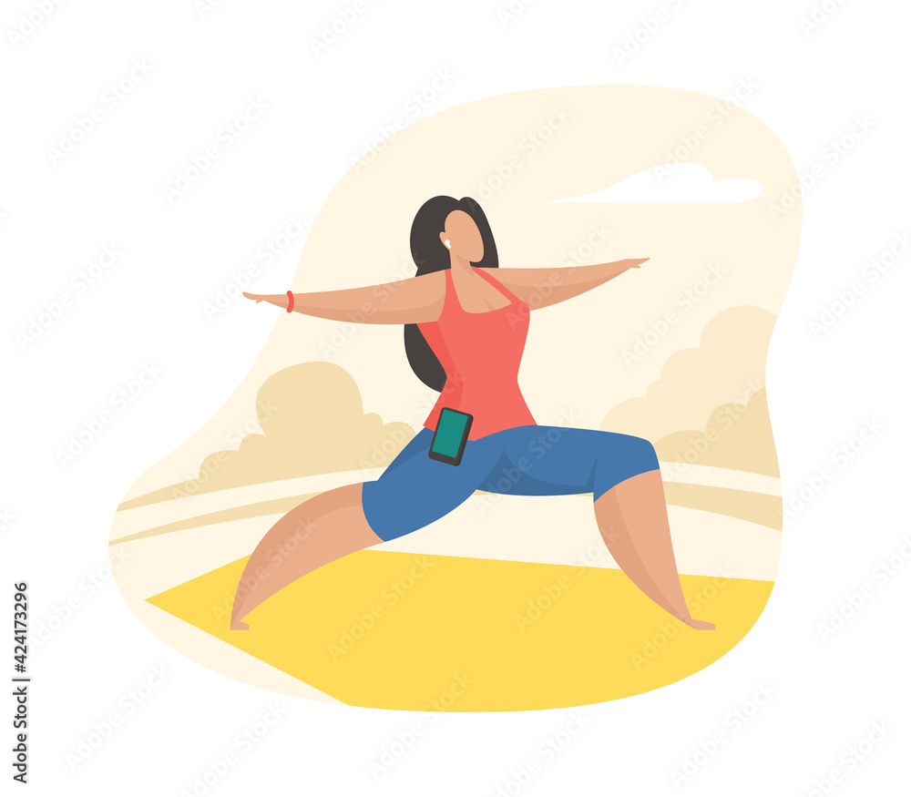 Woman doing yoga exercises outdoor. Female cartoon character doing fitness activities open air. Sport healthy lifestyle. Flat vector illustration