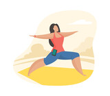 Woman doing yoga exercises outdoor. Female cartoon character doing fitness activities open air. Sport healthy lifestyle. Flat vector illustration