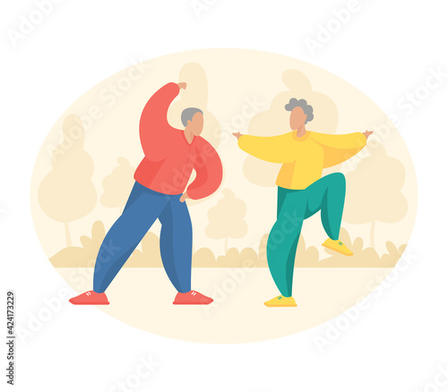 Elderly couple doing yoga exercises outdoor. Cartoon character old man and woman doing fitness activities. Flat vector illustration