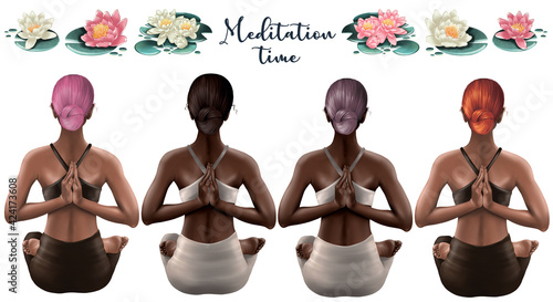 Healthy lifestyle concept. Meditation yoga, healthy women lifestyle. Mental health. Hairstyles. Lotus flowers.