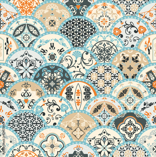 Seamless tile pattern. Colorful lisbon, mediterranean floral ornament pattern. Round flower blue mosaic. Islam, Arabic, Indian, Turkish, Pakistan, Chinese Moroccan, Portuguese Ottoman motifs. Vector