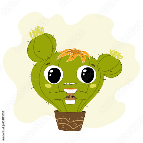 Cute cartoon cactus with cup of coffee. Vector illustration on white background. Funny big green cactus smiling happily.  Prickly plant in a pot. Design for icon, t shirt, print, card, sticker