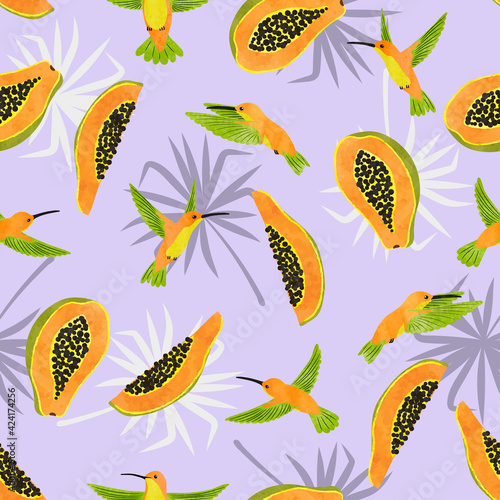 Seamless watercolor hummingbirds and papaya fruits pattern. Vector summer tropic background.