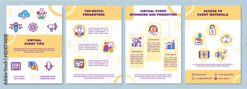 Virtual event tips brochure template. Promotion. Access to material. Flyer, booklet, leaflet print, cover design with linear icons. Vector layouts for presentation, annual reports, advertisement pages