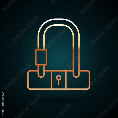 Gold line Bicycle lock U shaped industrial icon isolated on dark blue background. Vector