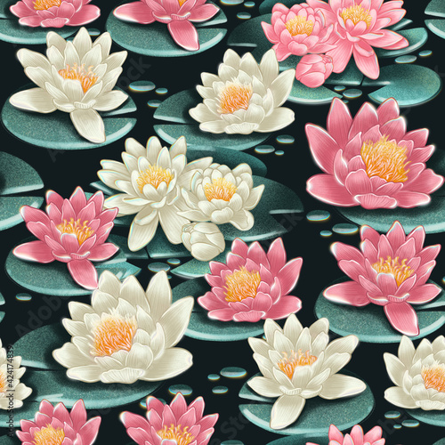  Blooming spring floral card. Lotus flowers. Meditation time. Yoga.