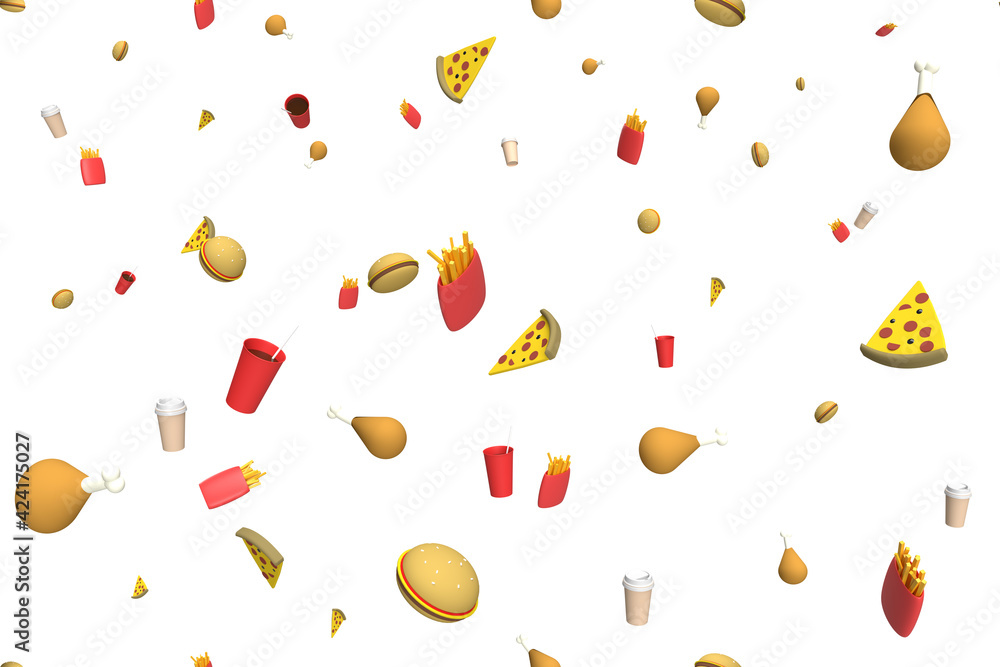 Fototapeta Minimalistic food background for menu or advertising. Template for a substrate in a mockup on the theme of fast food with hamburgers, fries and pizza.