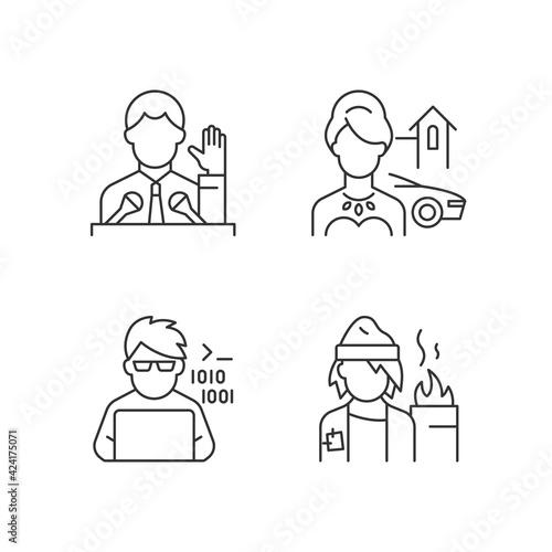 Social status type linear icons set. Political elite. Upper and lower class. Programmer, computer expert. Customizable thin line contour symbols. Isolated vector outline illustrations. Editable stroke