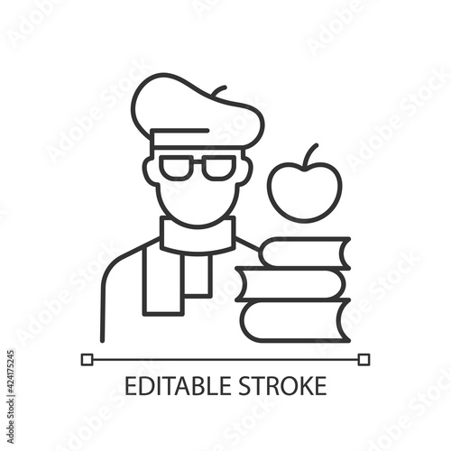 Intelligentsia linear icon. Educated man, cultural heritage. Higher education, academic books. Thin line customizable illustration. Contour symbol. Vector isolated outline drawing. Editable stroke