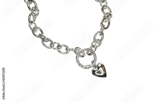 Stylish necklace with heart pendant isolated on white. Woman trendy fashion accessories from chain. Fashionable jewelry.