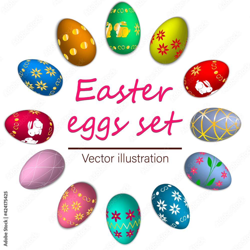 Set of isolated Easter eggs. A selection of colored eggs with different patterns and different colors. Vector illustration for decorating Easter cards, banners, stickers, flyers, backgrounds.