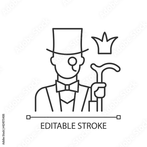 Aristocratic elite linear icon. Posh gentleman with monocle. Rich person. Upper social class. Thin line customizable illustration. Contour symbol. Vector isolated outline drawing. Editable stroke