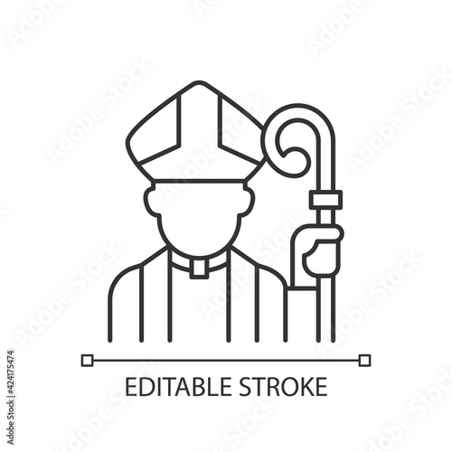 Clergy linear icon. Male catholic priest. Vatican pope. Religious figure. Christian church pastor. Thin line customizable illustration. Contour symbol. Vector isolated outline drawing. Editable stroke