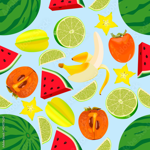 Fototapeta Naklejka Na Ścianę i Meble -  Fruit background. Crazy pattern depicting different fruits. Vector design for printing on napkins, wallpaper, postcards, fabrics, wrapping paper.