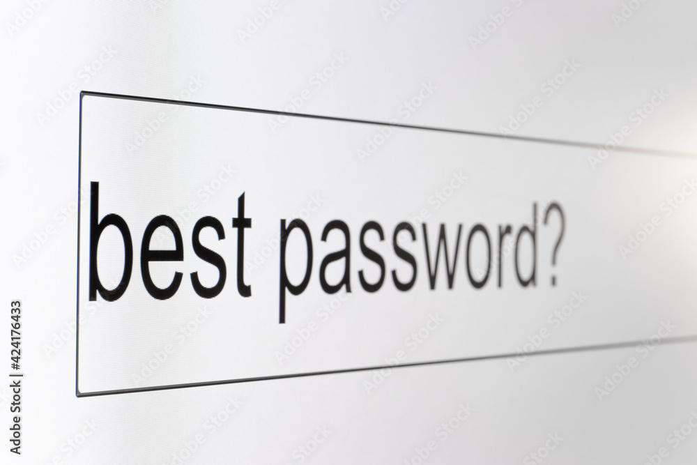 Search bar on a computer monitor with the question Best password. Searching for information on the Internet, close up. Search bar on a computer monitor with the question Best password. Searching for information on the Internet, close up.