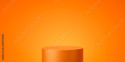 Orange product background stand or podium pedestal on empty display with glowing light backdrops. 3D rendering. photo