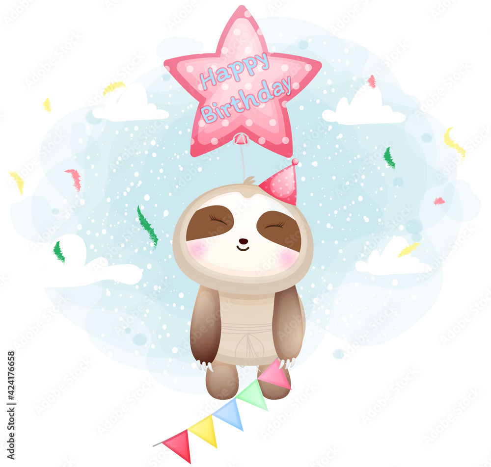Cute doodle sloth flying with star balloon for birthday cartoon character Premium Vector Cute doodle sloth flying with star balloon for birthday cartoon character Premium Vector