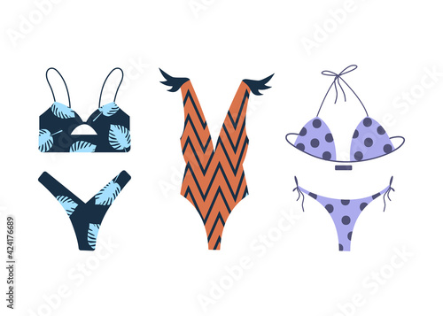A set of women's swimwear with different prints. Vector illustration.