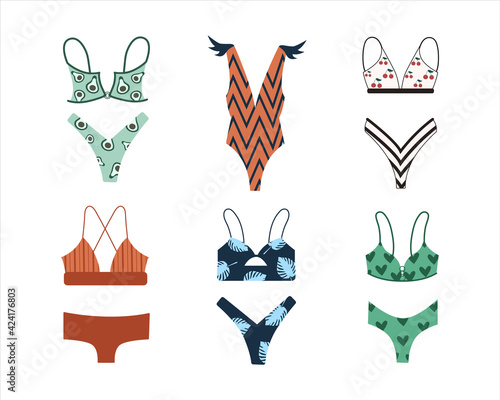 Collection of different women's swimwear. Vector illustration on a white background.