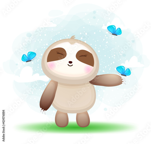 Cute doodle sloth playing with butterfly on the grass cartoon character Premium Vector