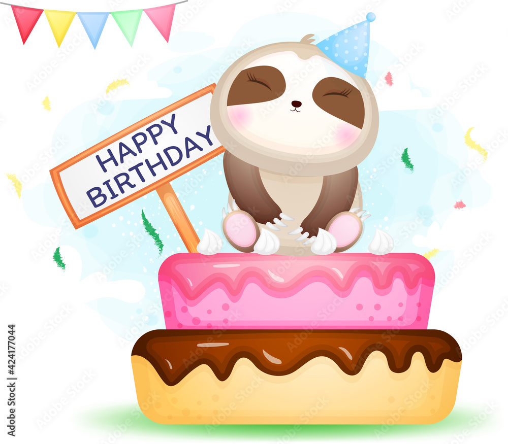 Fototapeta premium Cute doodle sloth sit on birthday cake cartoon character Premium Vector